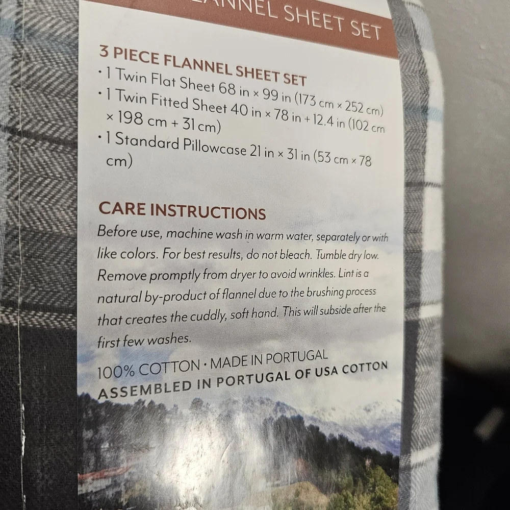 Portuguese Flannel 3-piece Sheet Set, Twin, NWT, gray plaid